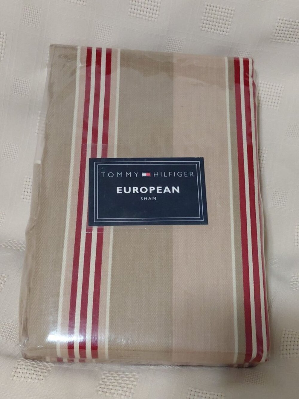 NOS Tommy Hilfiger Hyannisport European Sham 100% Cotton Red & Beige Stripe VTG
